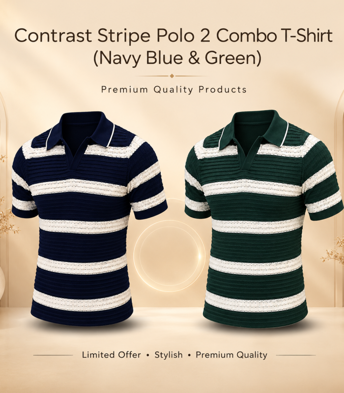 Contrast Stripe 2 Polo (Navy blue & Green )